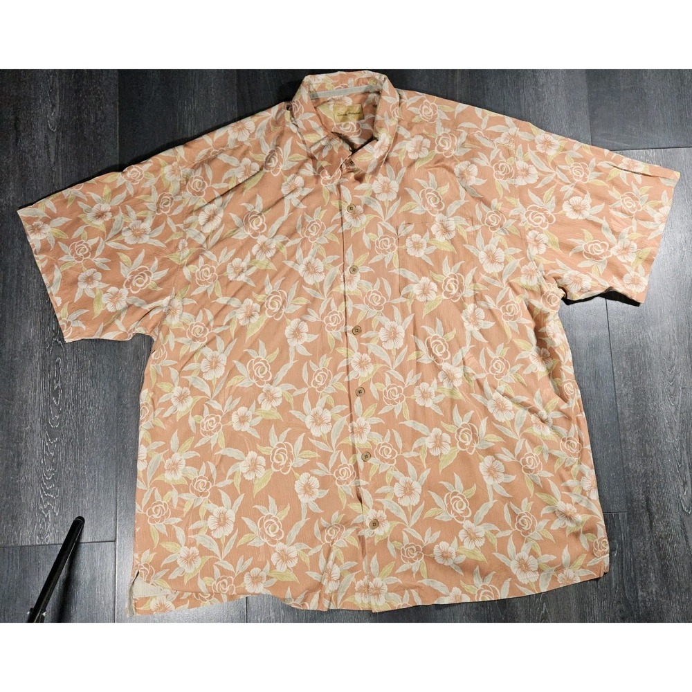Tommy Bahama‎ Hawaiian Shirt Men 2XL Orange Floral AOP 100% Silk Beach Tropical